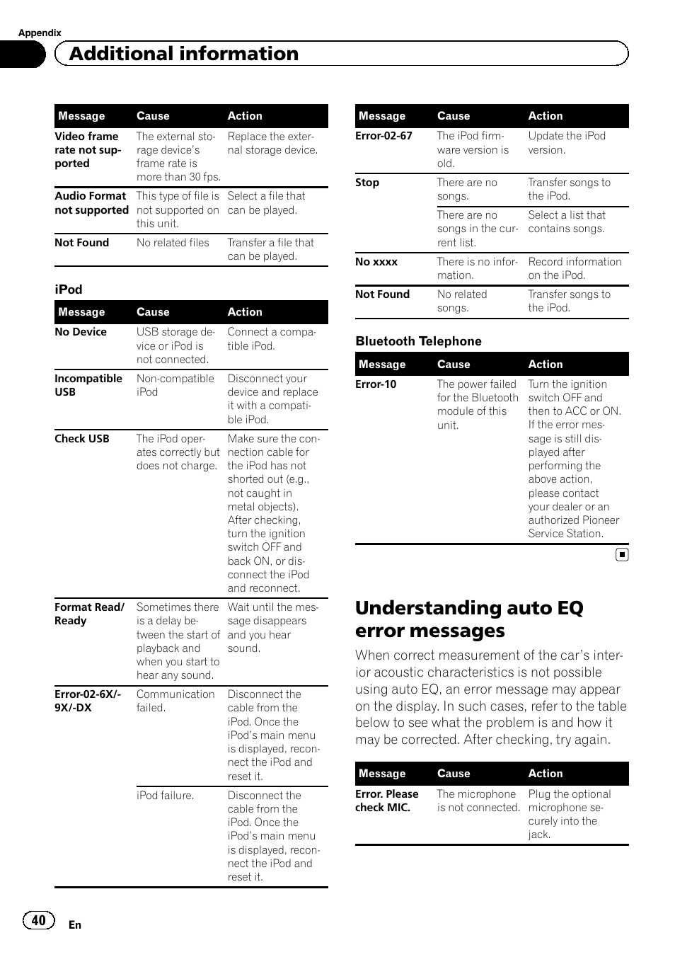 Understanding auto eq error messages, Additional information | Pioneer MVH-7300 User Manual | Page 40 / 52