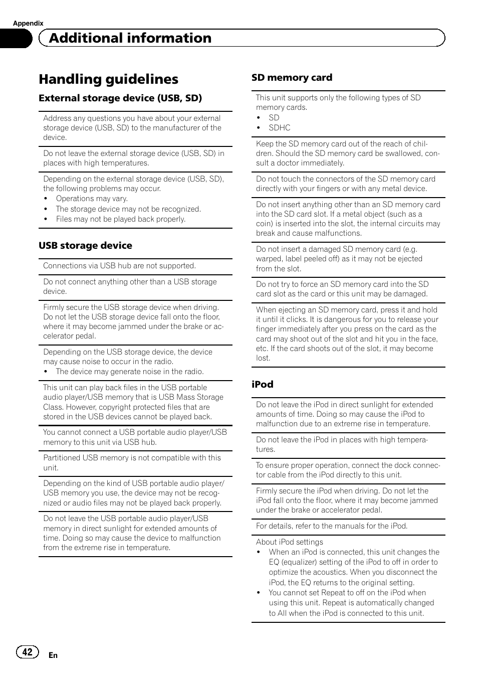 Handling guidelines, Additional information | Pioneer MVH-7300 User Manual | Page 42 / 52