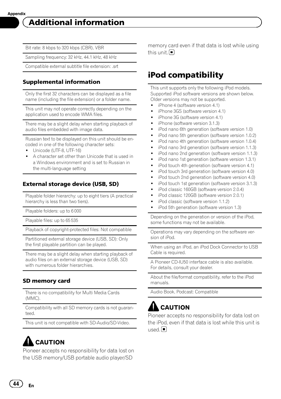 Ipod compatibility, Additional information, Caution | Pioneer MVH-7300 User Manual | Page 44 / 52