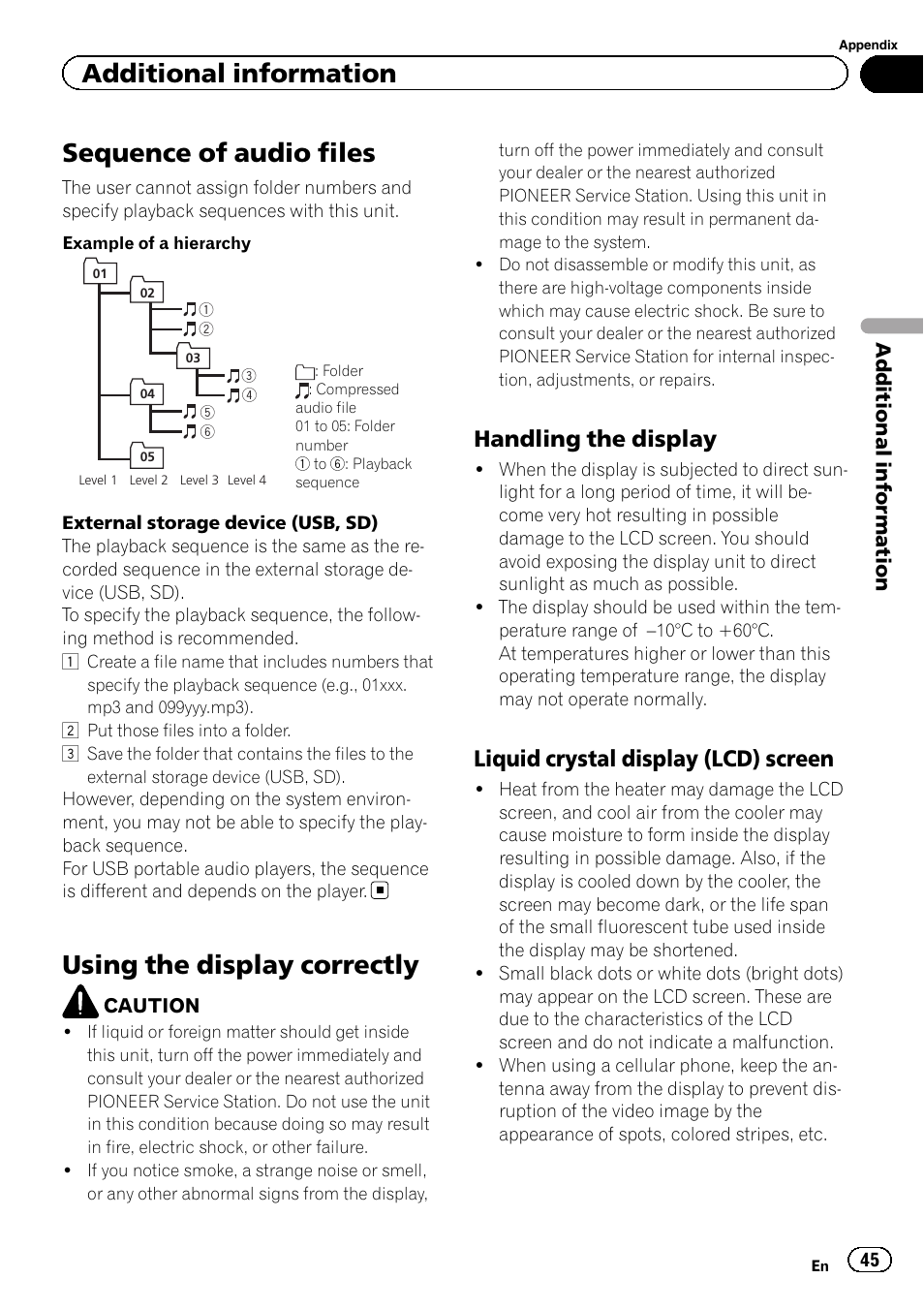 Sequence of audio files, Using the display correctly, Handling the display 45 | Liquid crystal display (lcd) screen 45, Additional information, Handling the display, Liquid crystal display (lcd) screen | Pioneer MVH-7300 User Manual | Page 45 / 52