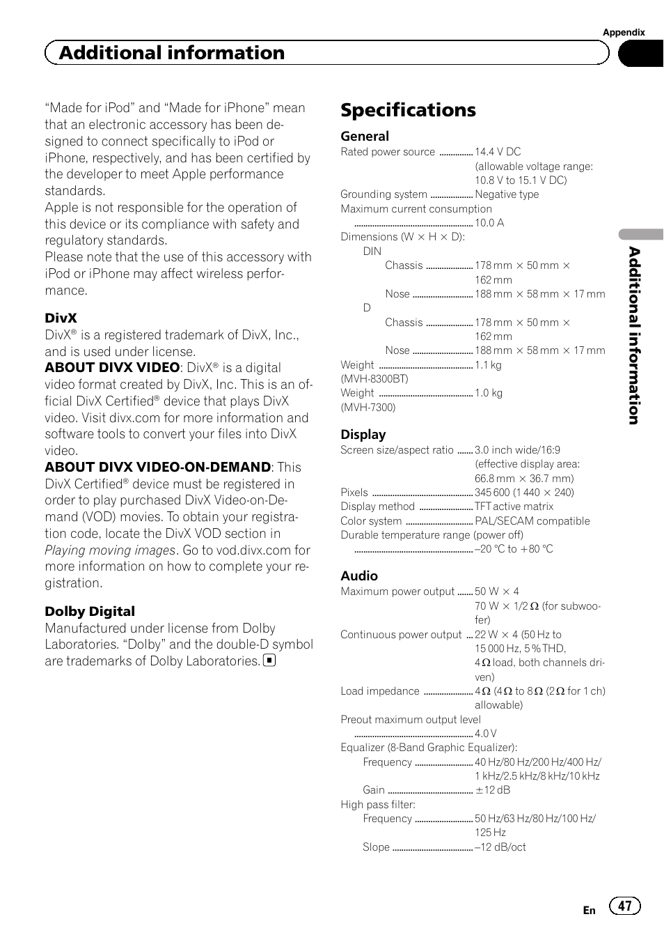 Specifications, Additional information | Pioneer MVH-7300 User Manual | Page 47 / 52