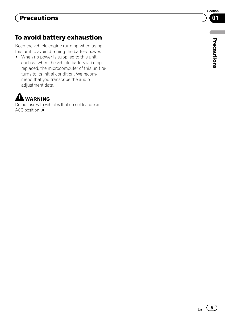 To avoid battery exhaustion, Precautions | Pioneer MVH-7300 User Manual | Page 5 / 52