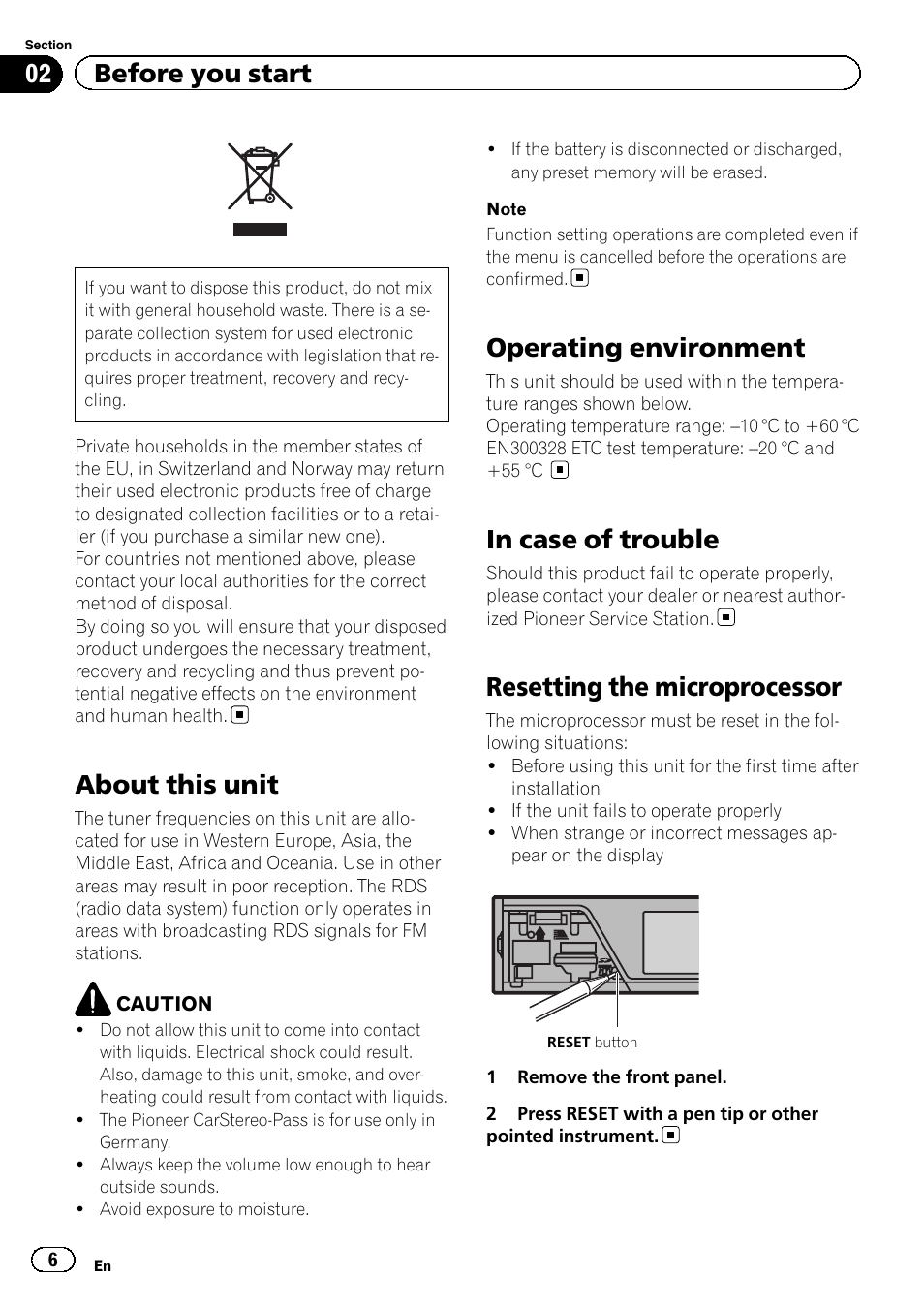 Before you start about this unit, Operating environment, In case of trouble | Resetting the microprocessor, About this unit, 02 before you start | Pioneer MVH-7300 User Manual | Page 6 / 52