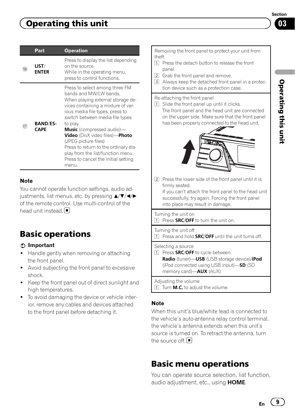 Basic operations, Basic menu operations, Operating this unit | Pioneer MVH-7300 User Manual | Page 9 / 52