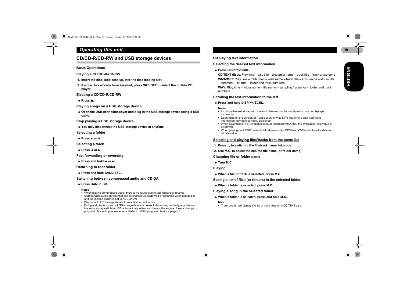 Cd/cd-r/cd-rw and usb, Storage devices, Basic operations | Displaying text information, Selecting and playing files, Tracks from the name list, Operating this unit | Pioneer DEH-2200UBB User Manual | Page 10 / 20