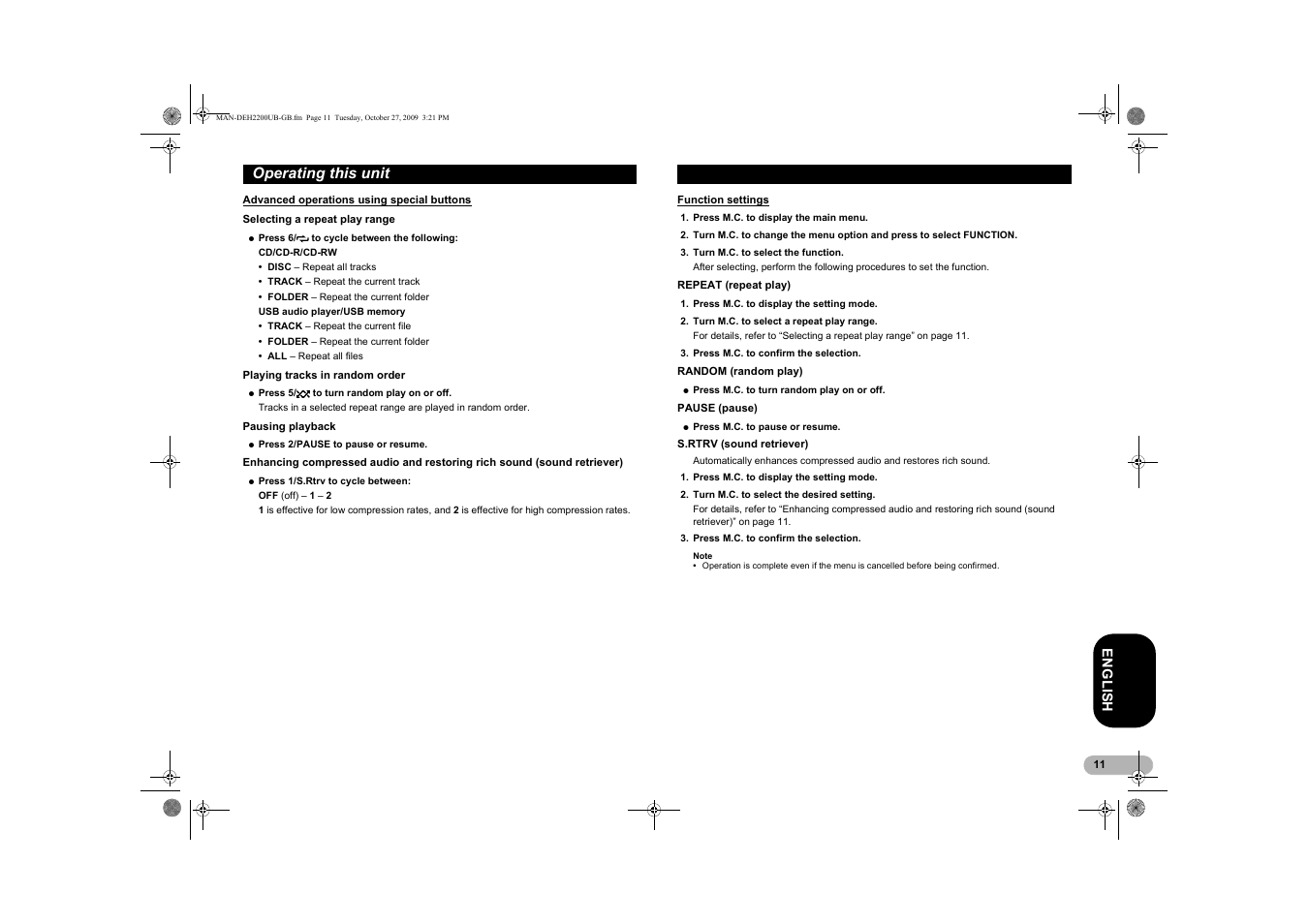 Advanced operations using, Special buttons, Function settings | Pioneer DEH-2200UBB User Manual | Page 11 / 20