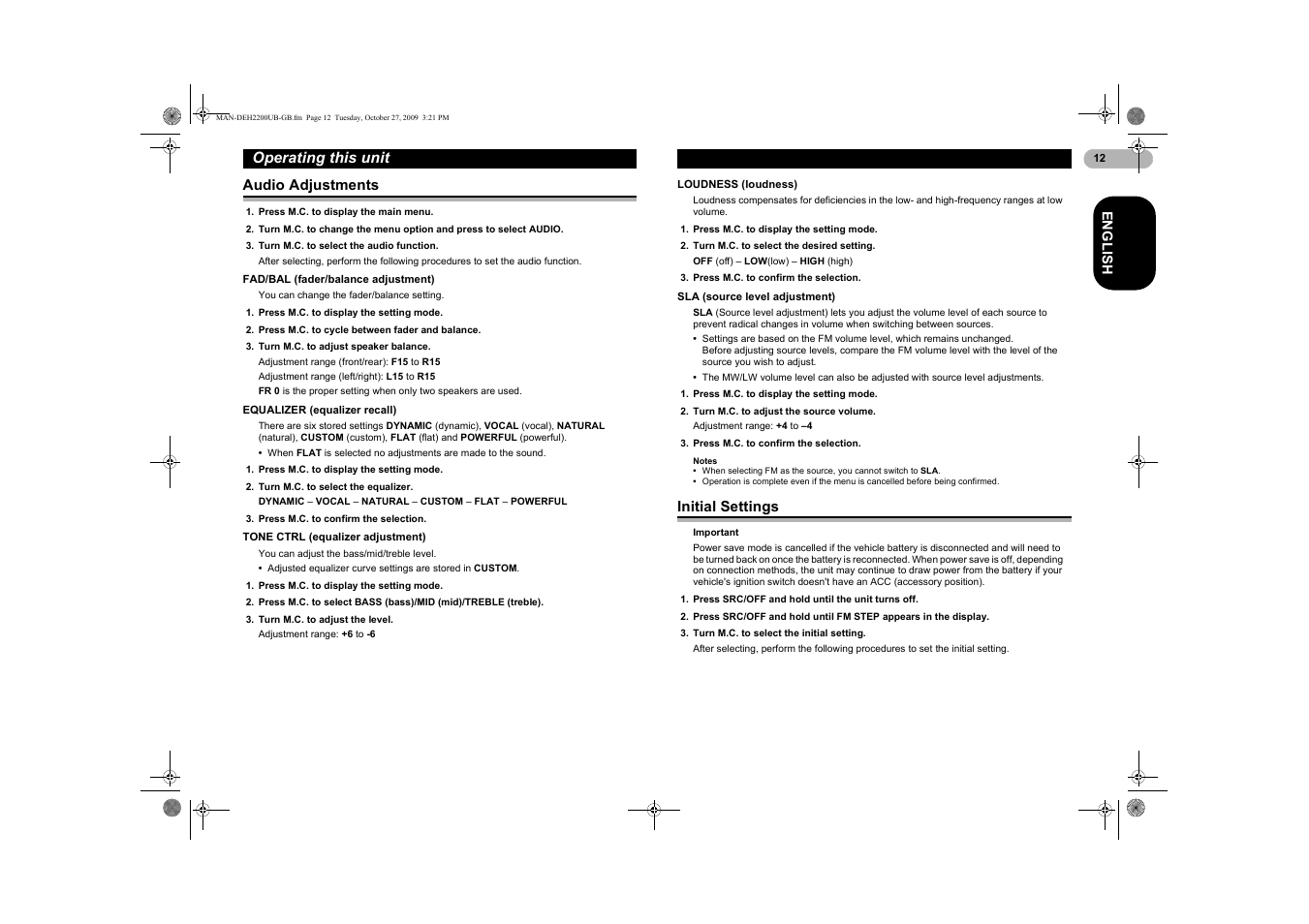 Audio adjustments, Initial settings, Operating this unit | Pioneer DEH-2200UBB User Manual | Page 12 / 20