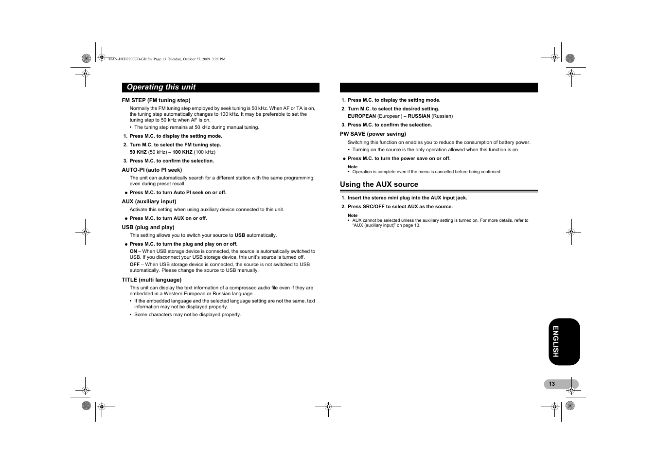 Using the aux source, Operating this unit | Pioneer DEH-2200UBB User Manual | Page 13 / 20