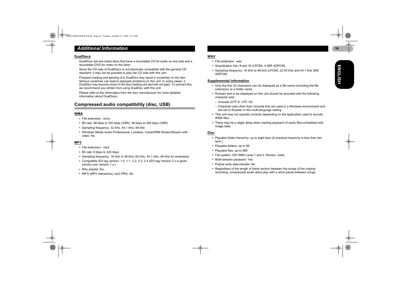 Dualdiscs, Compressed audio compatibility, Disc, usb) | Supplemental information, Disc | Pioneer DEH-2200UBB User Manual | Page 16 / 20