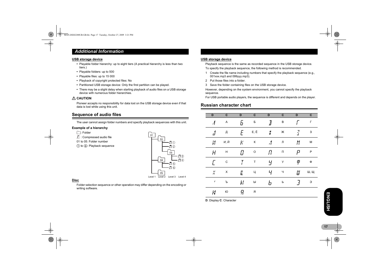 Usb storage device, Sequence of audio files, Disc | Russian character chart, Additional information | Pioneer DEH-2200UBB User Manual | Page 17 / 20