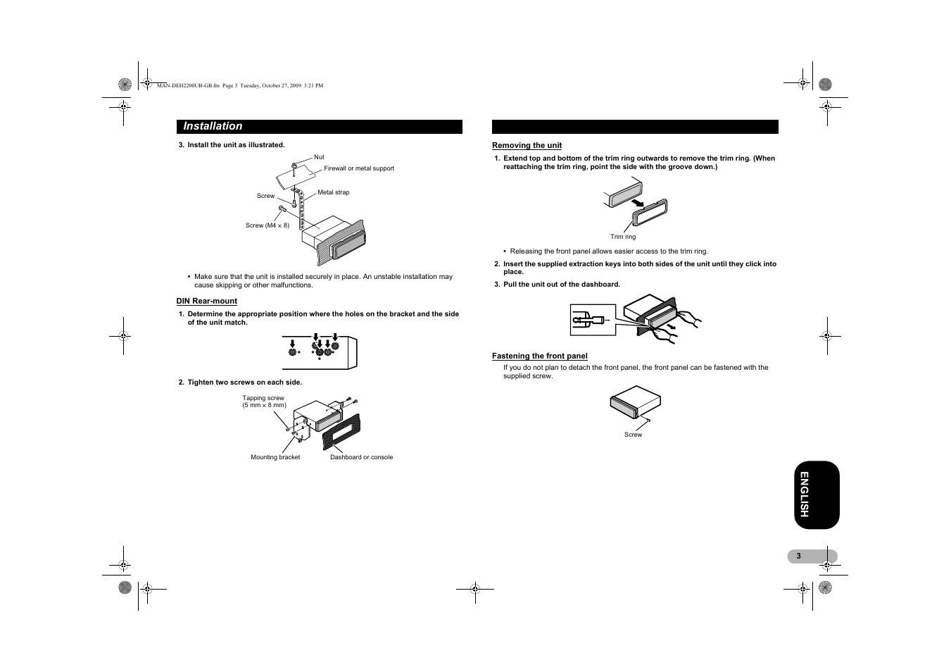 Din rear-mount, Removing the unit, Fastening the front panel | Installation | Pioneer DEH-2200UBB User Manual | Page 3 / 20