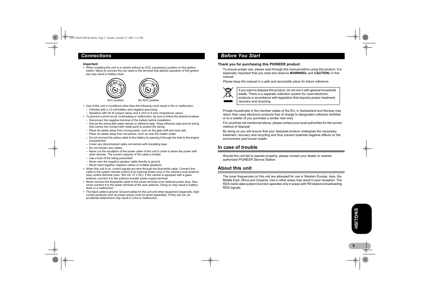 Before you start, In case of trouble, About this unit | Connections | Pioneer DEH-2200UBB User Manual | Page 5 / 20
