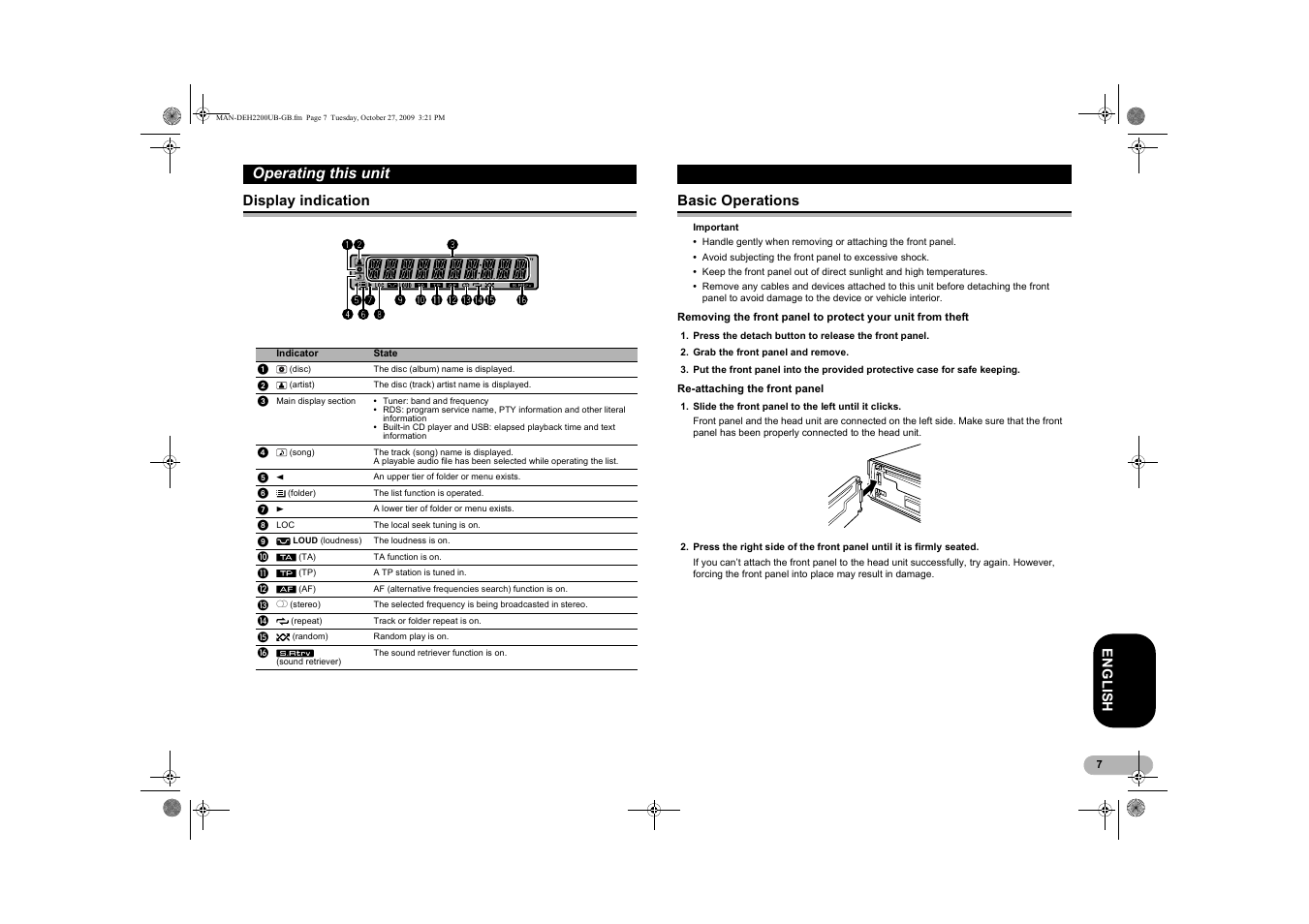 Display indication, Basic operations, Operating this unit | Pioneer DEH-2200UBB User Manual | Page 7 / 20