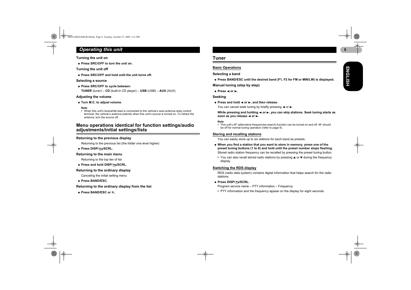 Menu operations identical for function, Settings/audio adjustments/initial, Settings/lists | Tuner, Basic operations, Storing and recalling stations, Switching the rds display | Pioneer DEH-2200UBB User Manual | Page 8 / 20