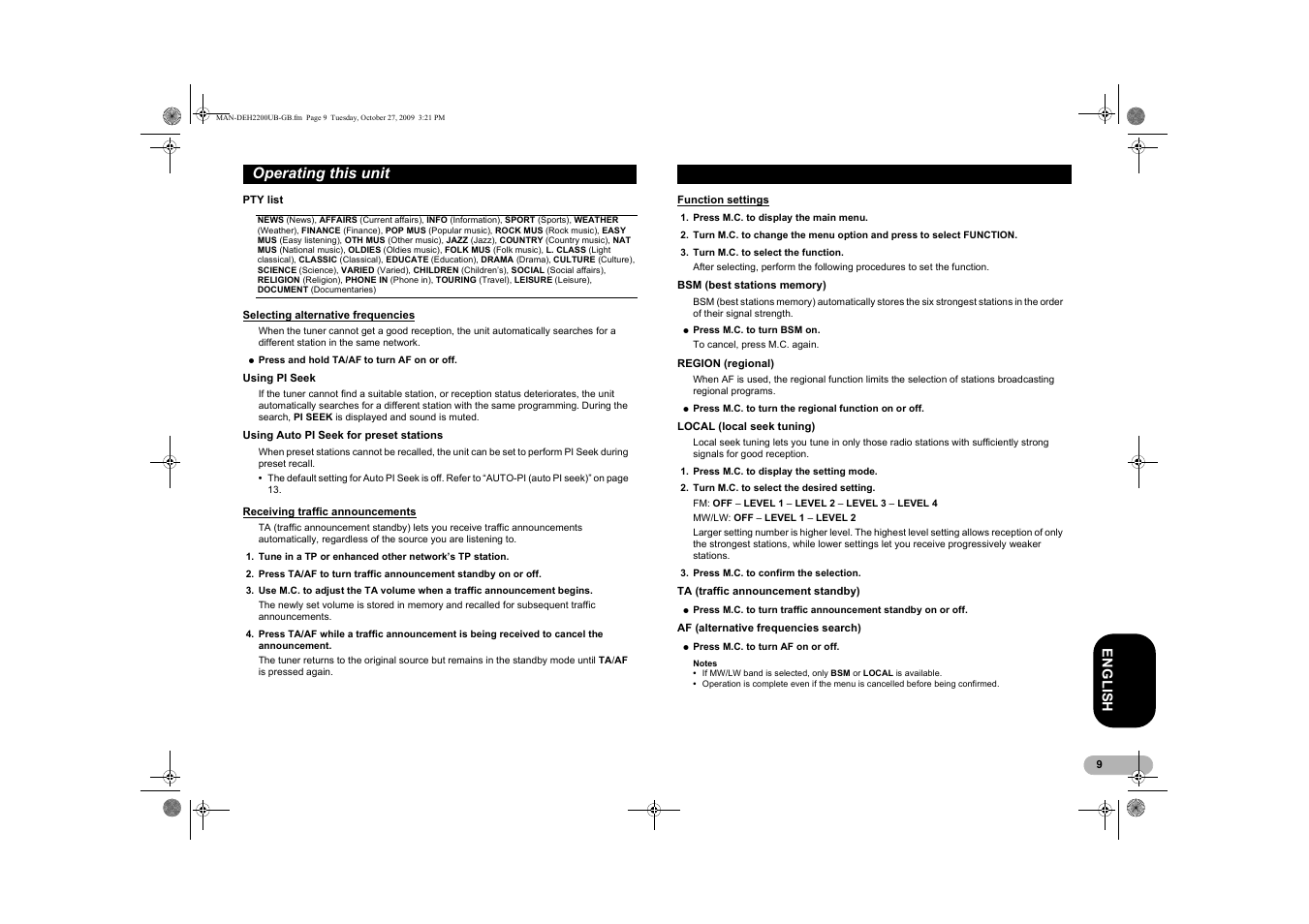 Selecting alternative frequencies, Receiving traffic announcements, Function settings | Operating this unit | Pioneer DEH-2200UBB User Manual | Page 9 / 20