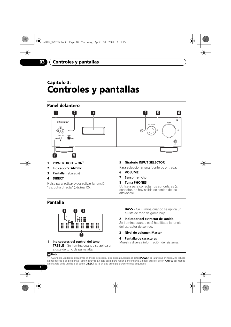 Panel delantero, Pantalla, Controles y pantallas | Controles y pantallas 03, Capítulo 3 | Pioneer A-A9MK2-K User Manual | Page 100 / 128