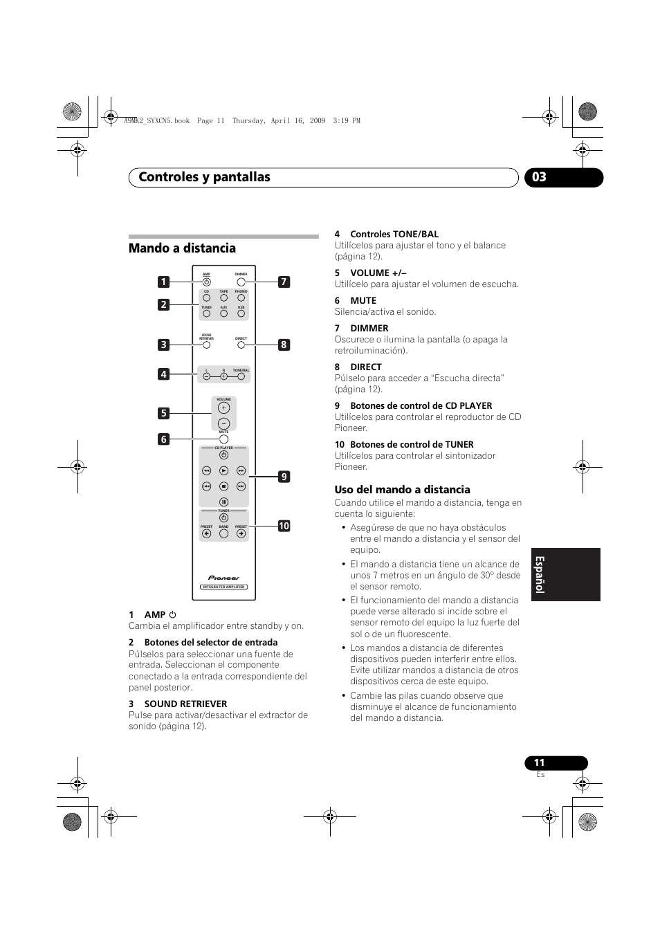 Mando a distancia, Uso del mando a distancia, Controles y pantallas 03 | Pioneer A-A9MK2-K User Manual | Page 101 / 128