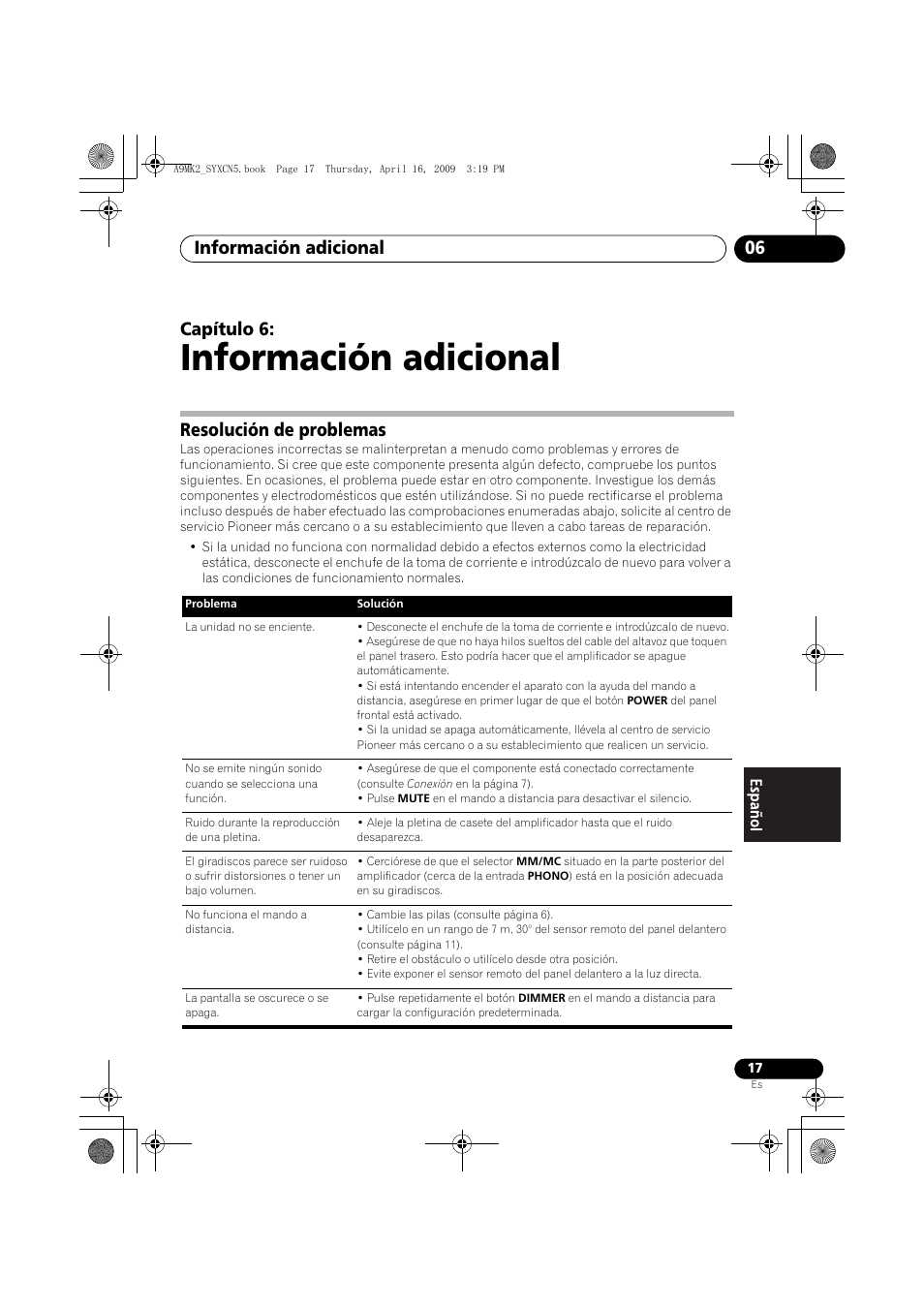 Resolución de problemas, Información adicional, Información adicional 06 | Capítulo 6 | Pioneer A-A9MK2-K User Manual | Page 107 / 128