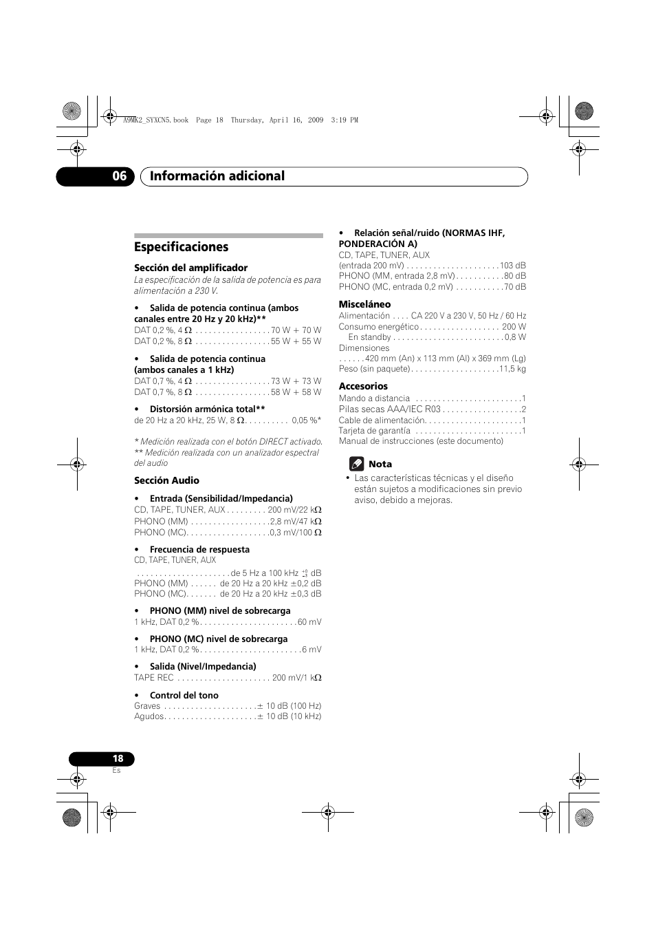 Especificaciones, Información adicional 06 | Pioneer A-A9MK2-K User Manual | Page 108 / 128