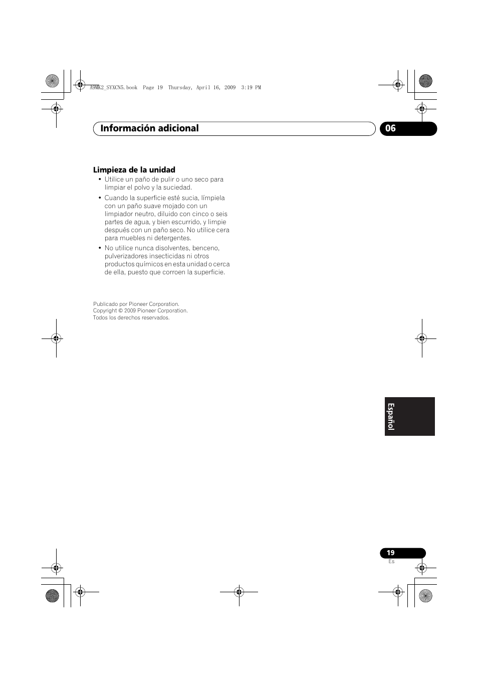Limpieza de la unidad, Información adicional 06 | Pioneer A-A9MK2-K User Manual | Page 109 / 128