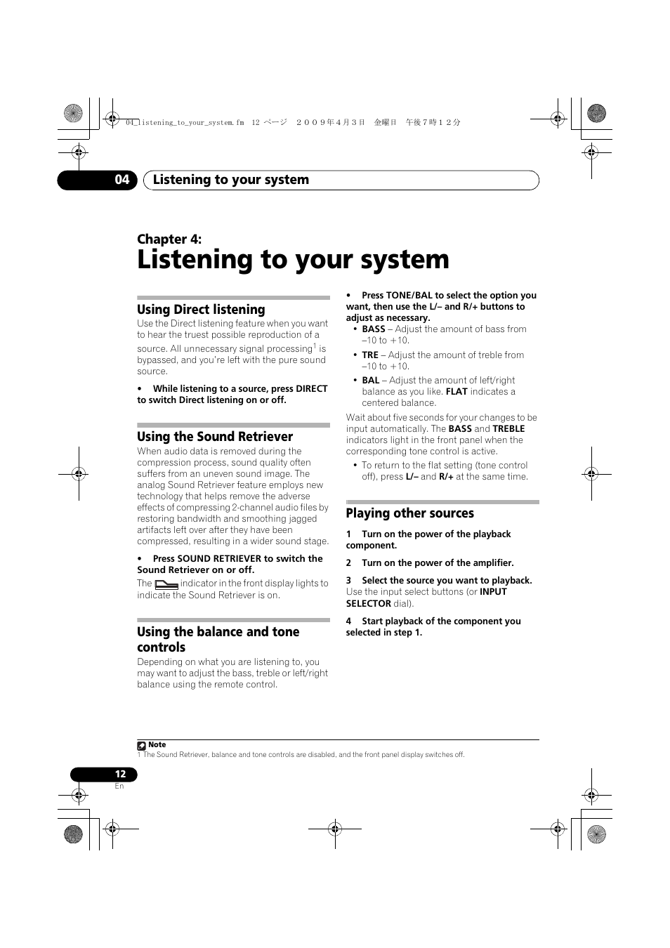 Using direct listening, Using the sound retriever, Using the balance and tone controls | Playing other sources, Listening to your system, Listening to your system 04, Chapter 4 | Pioneer A-A9MK2-K User Manual | Page 12 / 128