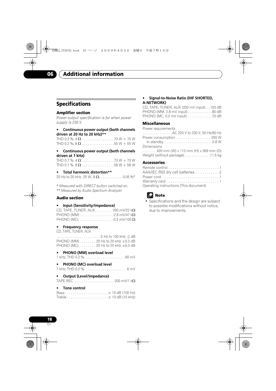 Specifications, Additional information 06 | Pioneer A-A9MK2-K User Manual | Page 18 / 128