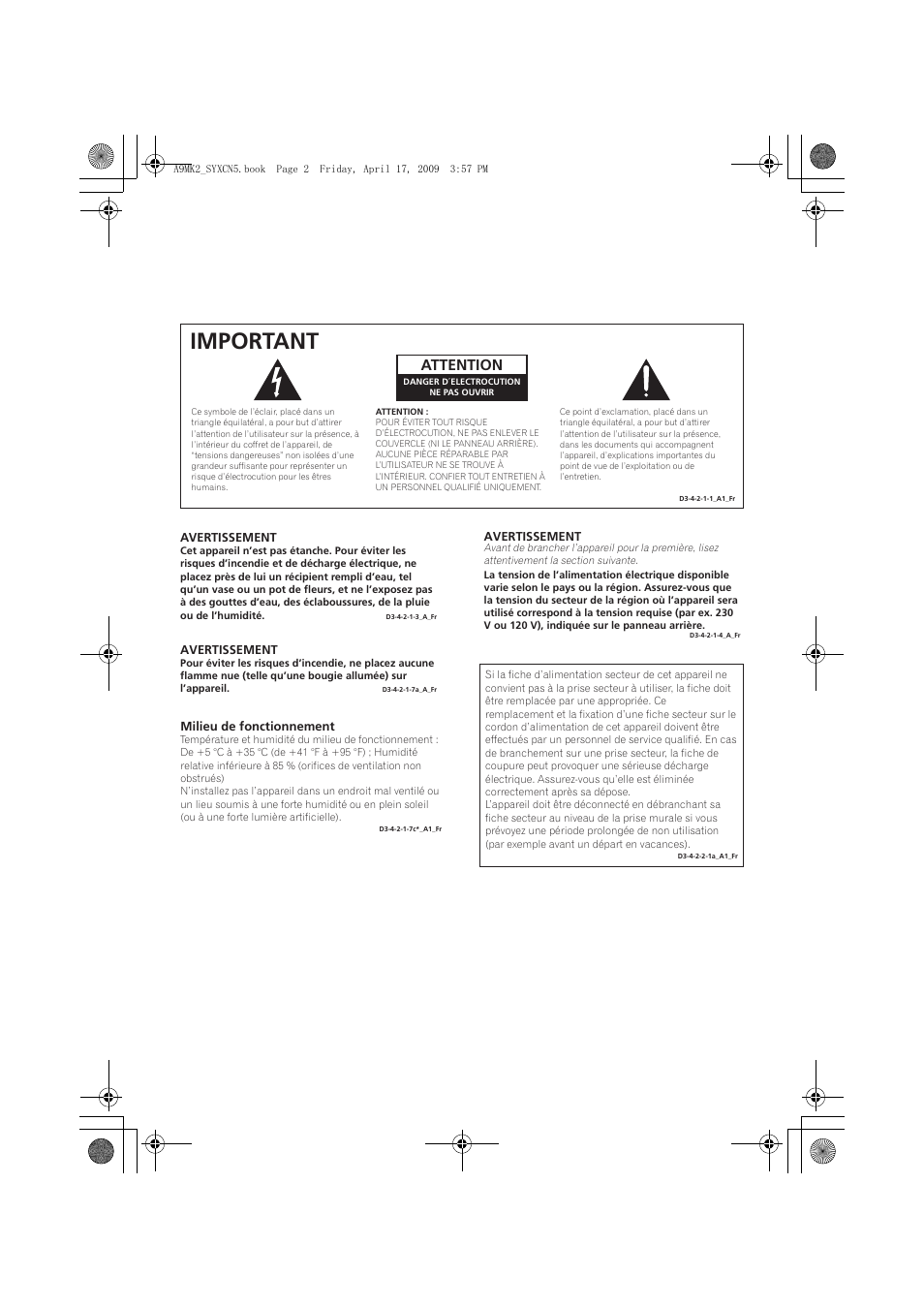 Important, Attention | Pioneer A-A9MK2-K User Manual | Page 20 / 128