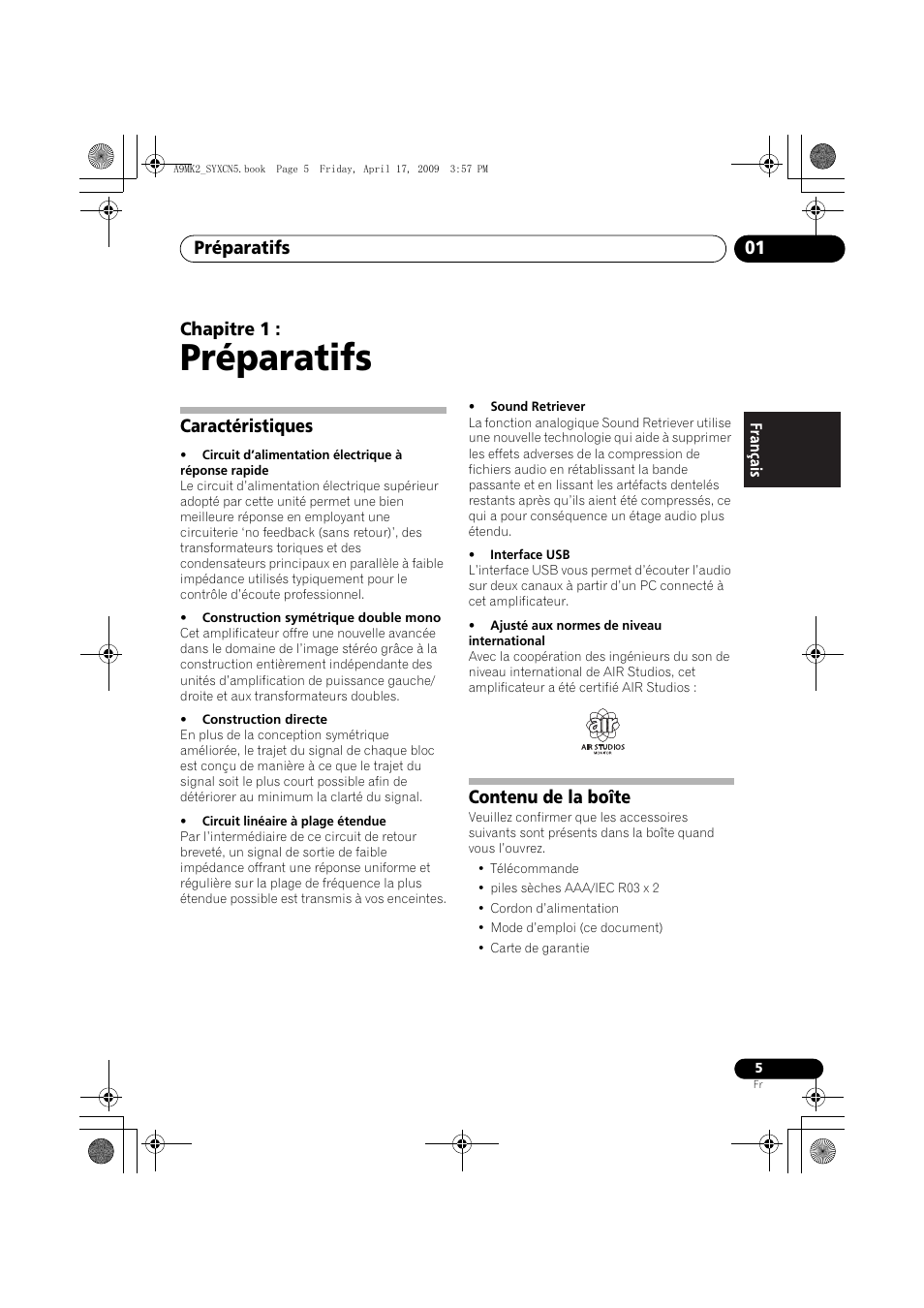 Caractéristiques, Contenu de la boîte, Préparatifs | Préparatifs 01, Chapitre 1 | Pioneer A-A9MK2-K User Manual | Page 23 / 128