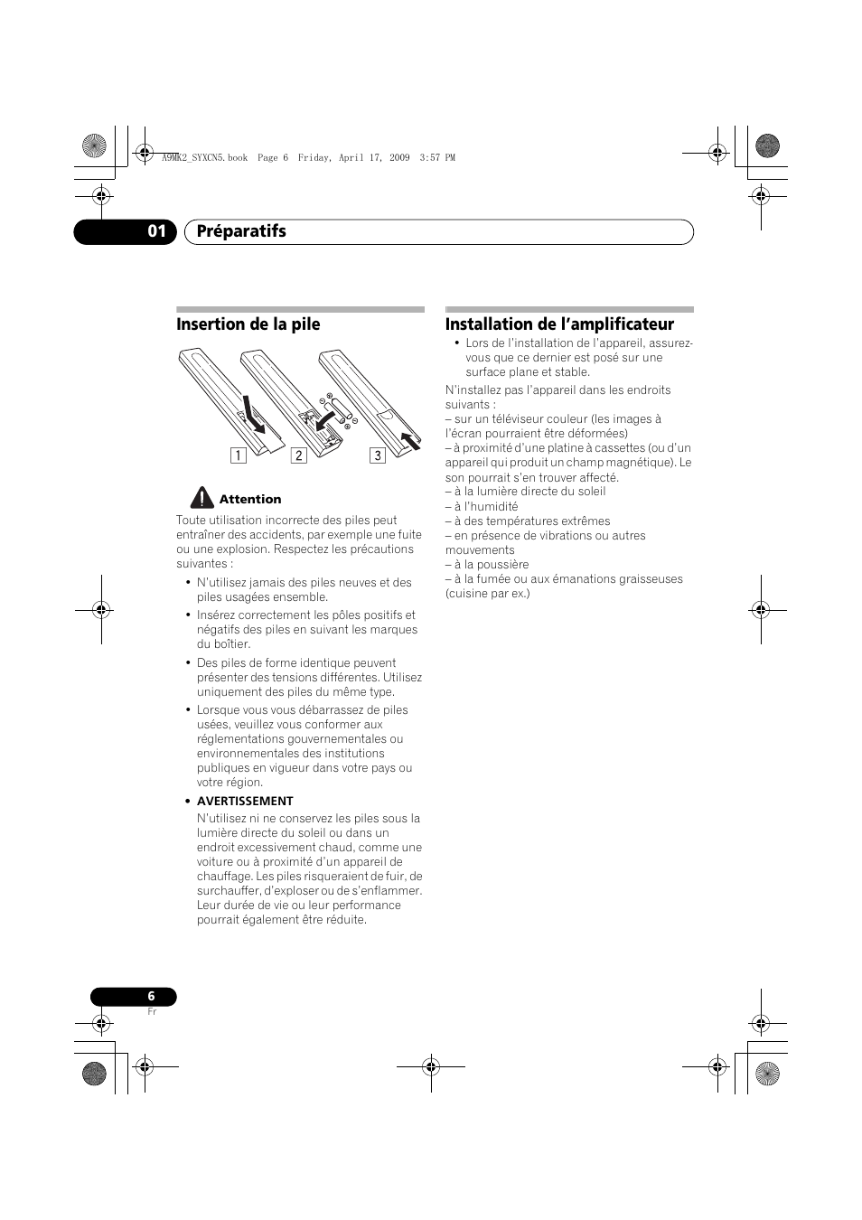 Insertion de la pile, Installation de l’amplificateur, Préparatifs 01 | Pioneer A-A9MK2-K User Manual | Page 24 / 128