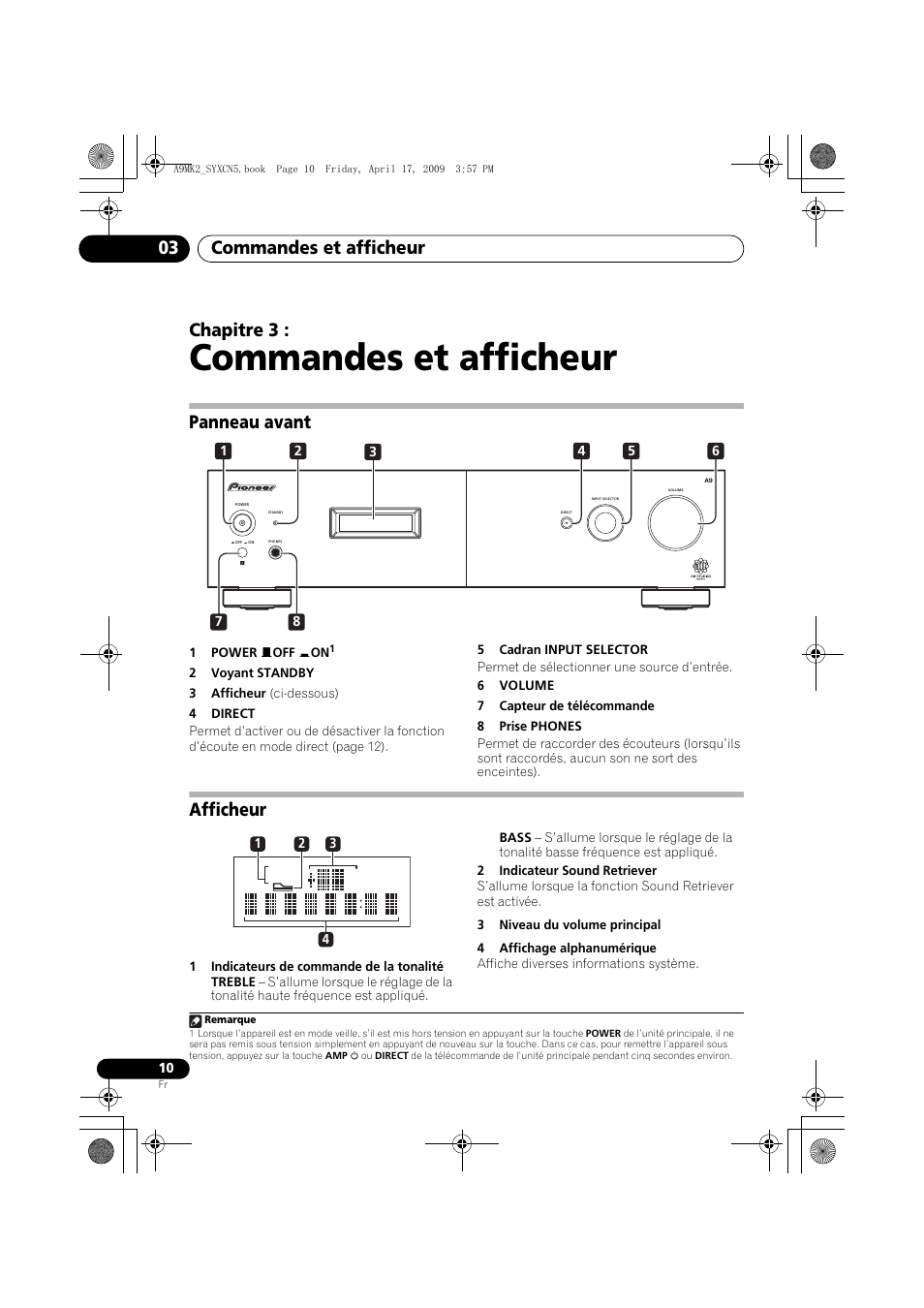 Panneau avant, Afficheur, Commandes et afficheur | Commandes et afficheur 03, Chapitre 3 | Pioneer A-A9MK2-K User Manual | Page 28 / 128