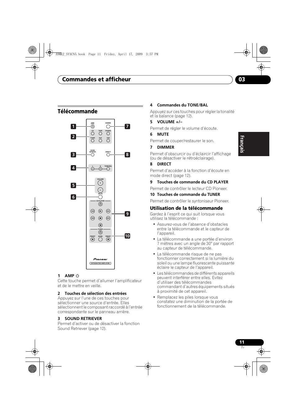 Télécommande, Utilisation de la télécommande, Commandes et afficheur 03 | Pioneer A-A9MK2-K User Manual | Page 29 / 128