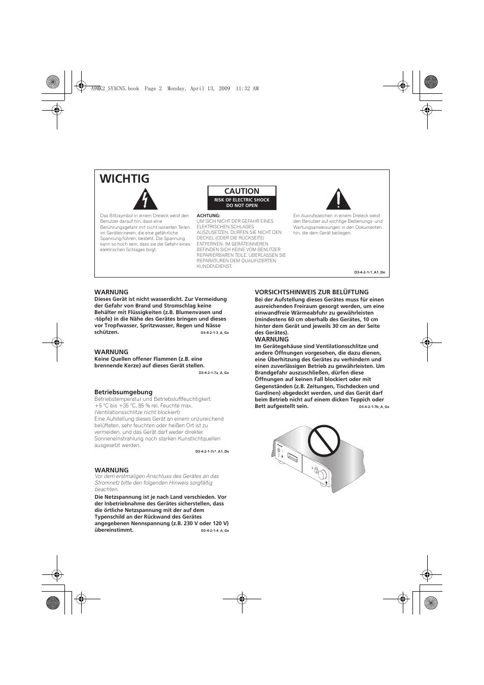 Wichtig, Caution | Pioneer A-A9MK2-K User Manual | Page 38 / 128