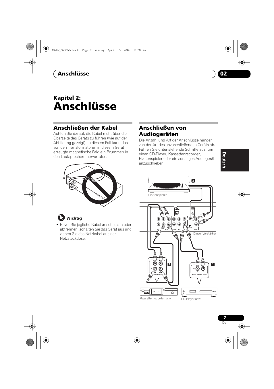 Anschließen der kabel, Anschließen von audiogeräten, Anschlüsse | Anschlüsse 02, Kapitel 2 | Pioneer A-A9MK2-K User Manual | Page 43 / 128