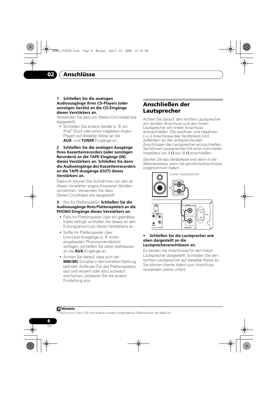 Anschließen der lautsprecher, Anschlüsse 02 | Pioneer A-A9MK2-K User Manual | Page 44 / 128