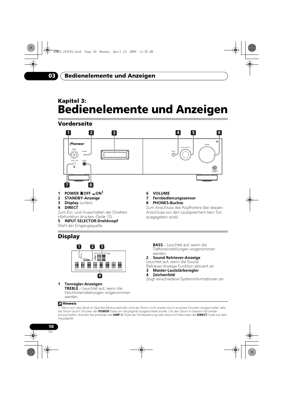 Vorderseite, Display, Bedienelemente und anzeigen | Bedienelemente und anzeigen 03, Kapitel 3 | Pioneer A-A9MK2-K User Manual | Page 46 / 128