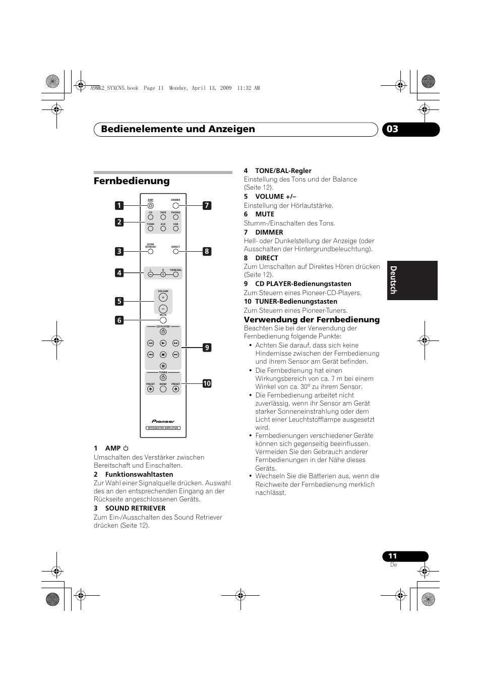 Fernbedienung, Verwendung der fernbedienung, Bedienelemente und anzeigen 03 | Pioneer A-A9MK2-K User Manual | Page 47 / 128