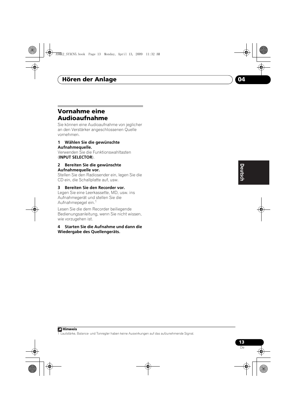 Vornahme eine audioaufnahme, Hören der anlage 04 | Pioneer A-A9MK2-K User Manual | Page 49 / 128