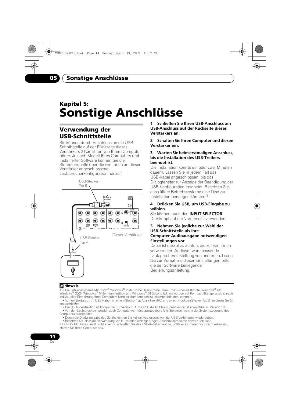 Verwendung der usb-schnittstelle, Sonstige anschlüsse, Sonstige anschlüsse 05 | Kapitel 5 | Pioneer A-A9MK2-K User Manual | Page 50 / 128