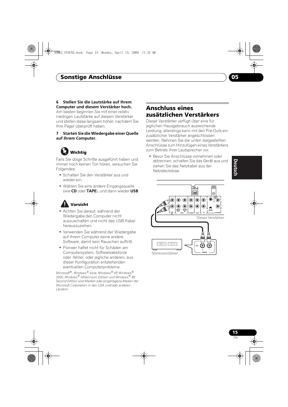 Sonstige anschlüsse 05, Anschluss eines zusätzlichen verstärkers | Pioneer A-A9MK2-K User Manual | Page 51 / 128