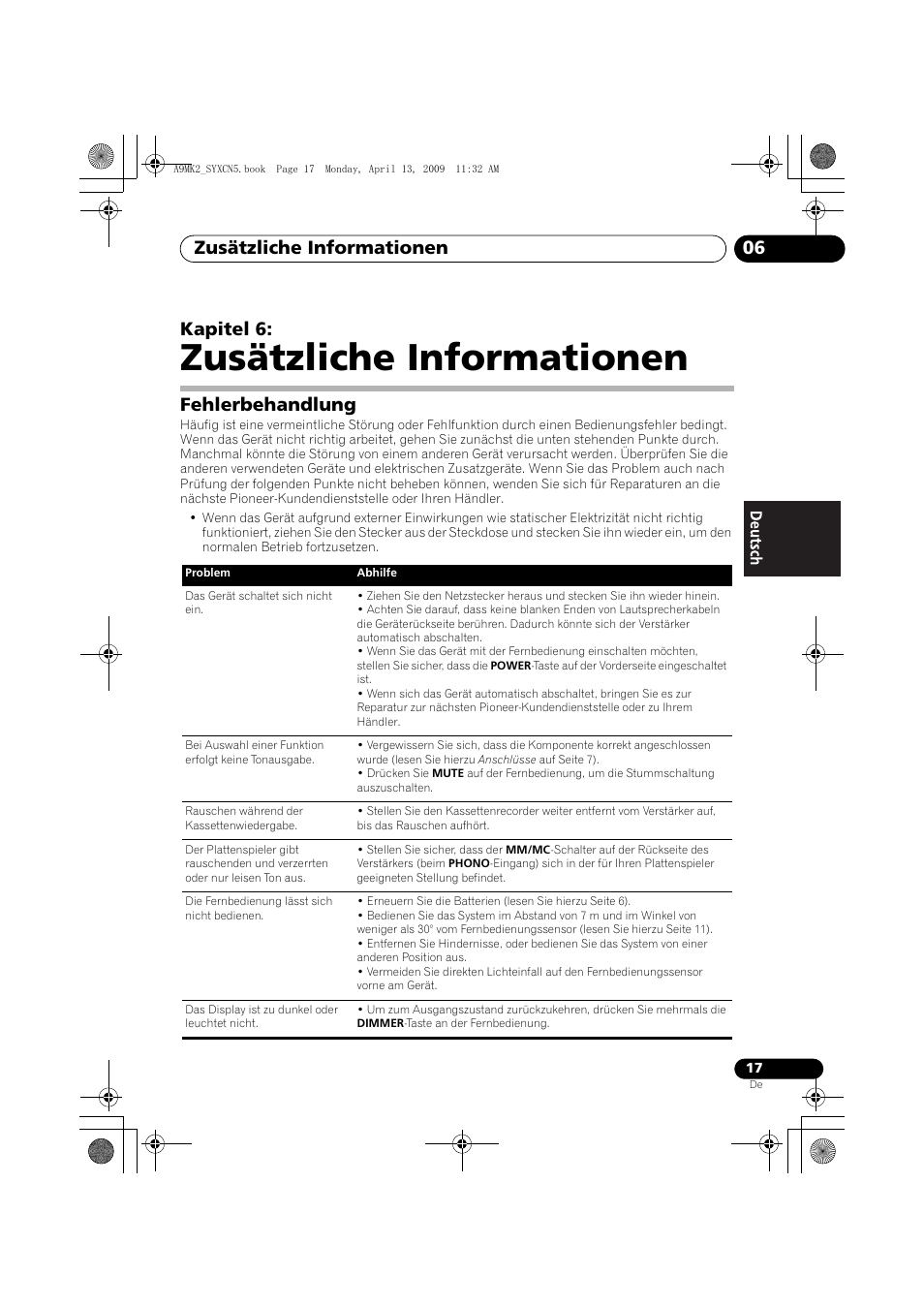 Fehlerbehandlung, Zusätzliche informationen, Zusätzliche informationen 06 | Kapitel 6 | Pioneer A-A9MK2-K User Manual | Page 53 / 128