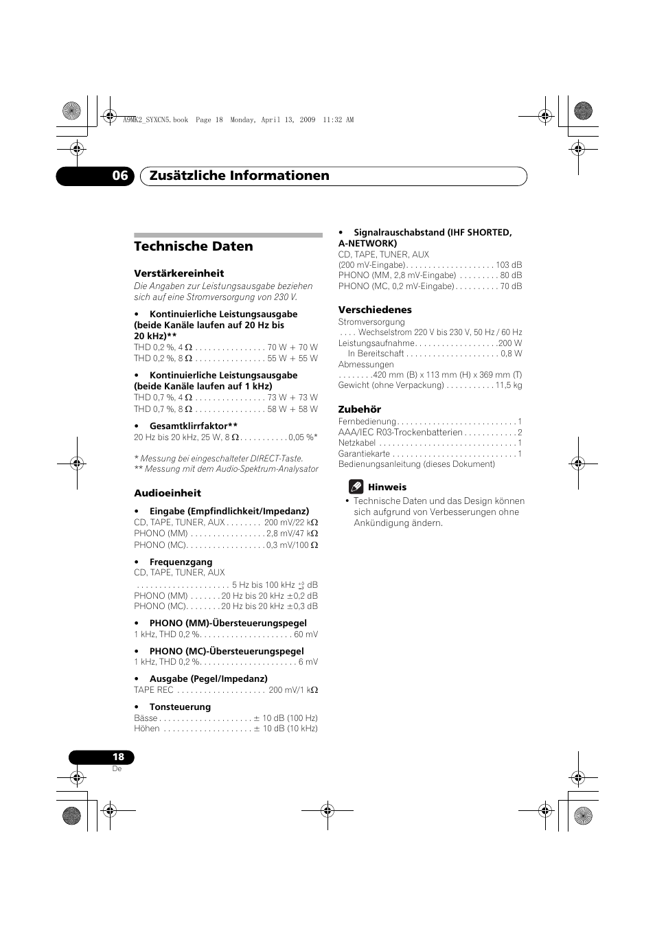 Technische daten, Zusätzliche informationen 06 | Pioneer A-A9MK2-K User Manual | Page 54 / 128