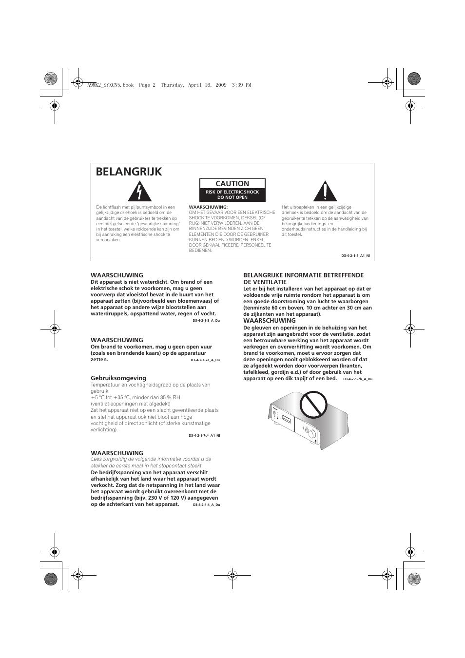 Belangrijk, Caution | Pioneer A-A9MK2-K User Manual | Page 56 / 128
