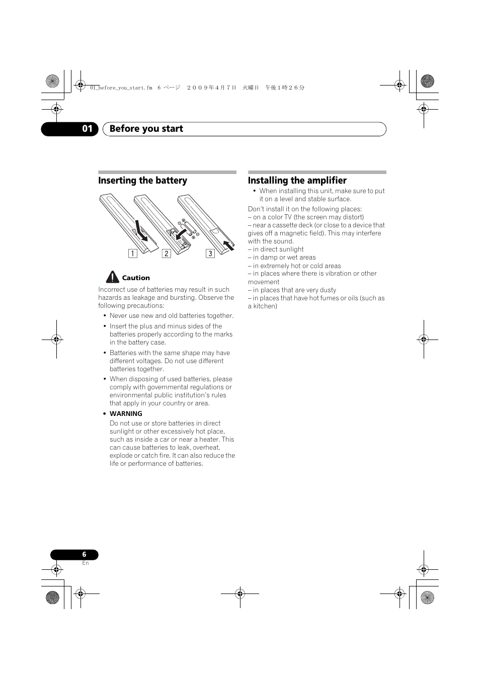 Inserting the battery, Installing the amplifier, Before you start 01 | Pioneer A-A9MK2-K User Manual | Page 6 / 128