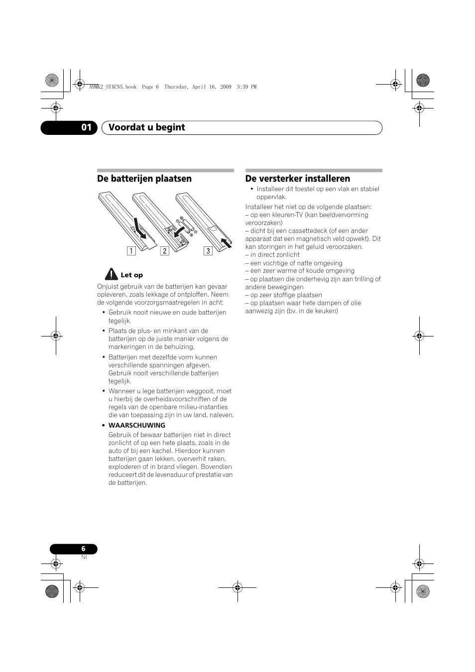 De batterijen plaatsen, De versterker installeren, Voordat u begint 01 | Pioneer A-A9MK2-K User Manual | Page 60 / 128