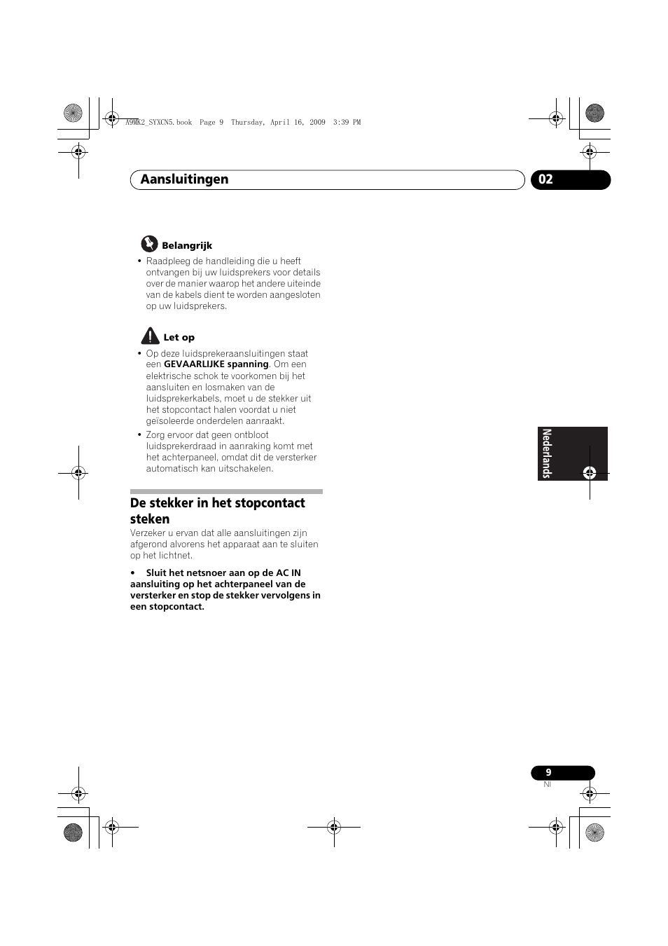 De stekker in het stopcontact steken, Aansluitingen 02 | Pioneer A-A9MK2-K User Manual | Page 63 / 128