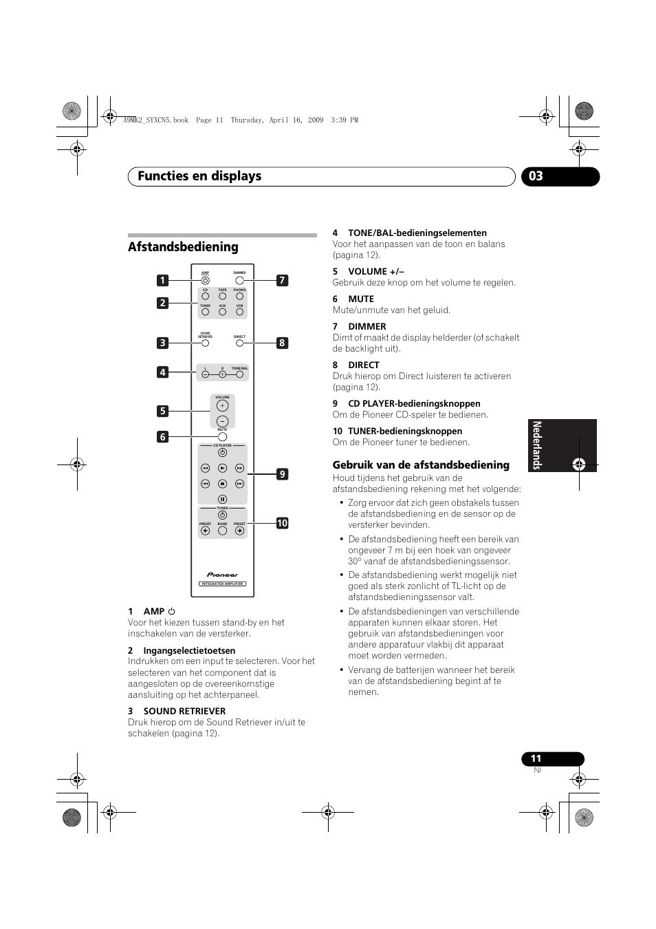 Afstandsbediening, Gebruik van de afstandsbediening, Functies en displays 03 | Pioneer A-A9MK2-K User Manual | Page 65 / 128