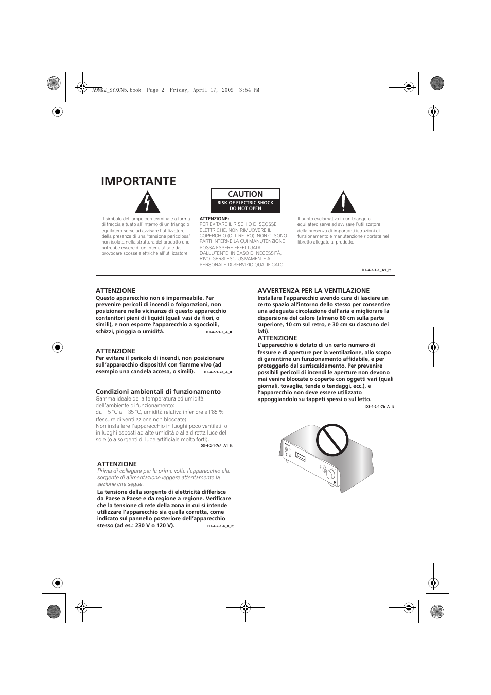 Importante, Caution | Pioneer A-A9MK2-K User Manual | Page 74 / 128