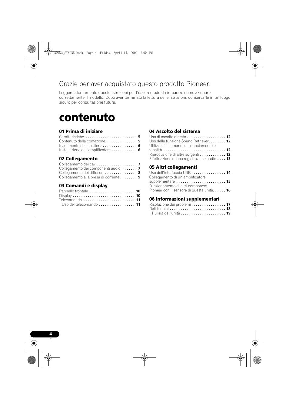 Amplificatore integrato | amplificador integrado, Uzioni per i’uso | man, Contenuto | Grazie per aver acquistato questo prodotto pioneer | Pioneer A-A9MK2-K User Manual | Page 76 / 128
