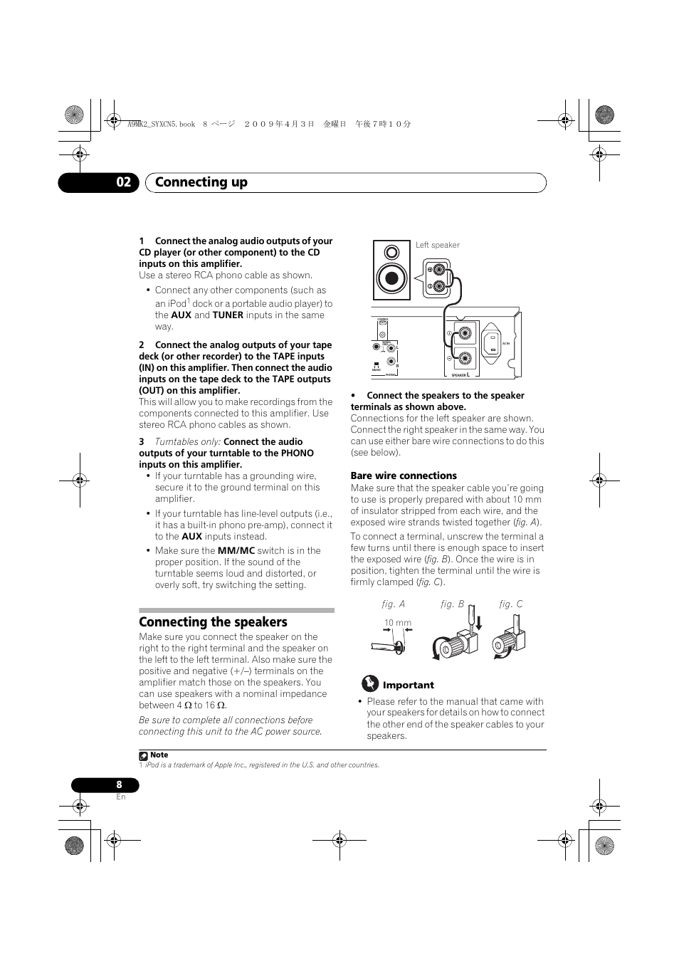 Connecting the speakers, Connecting up 02 | Pioneer A-A9MK2-K User Manual | Page 8 / 128
