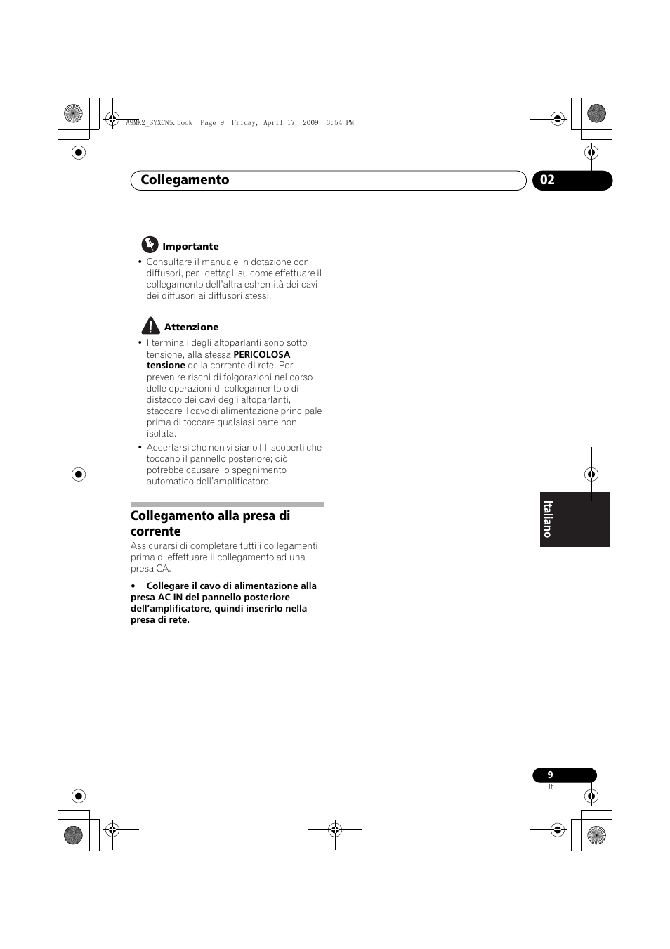Collegamento alla presa di corrente, Collegamento 02 | Pioneer A-A9MK2-K User Manual | Page 81 / 128